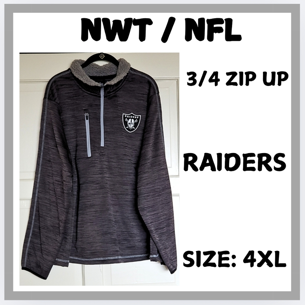 🔥 NFL Raiders Black and Gray, 3/4 Zip Pullover, Pockets, Size 4XL